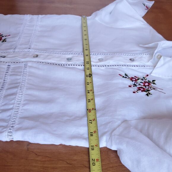 VTG Linen Embroidered Floral Top Sz S White 3/4 Sleeve Cottagecore Lagenlook - Picture 9 of 11